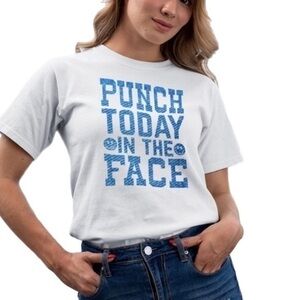 White Short Sleeve Graphic Print T Unisex ‘PUNCH TODAY IN THE FACE’ in Blue